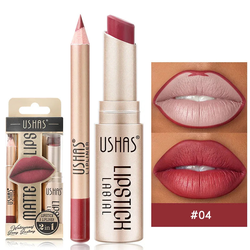 Set USHAS de Delineador de Labios de 12 Colores + Lápiz Labial