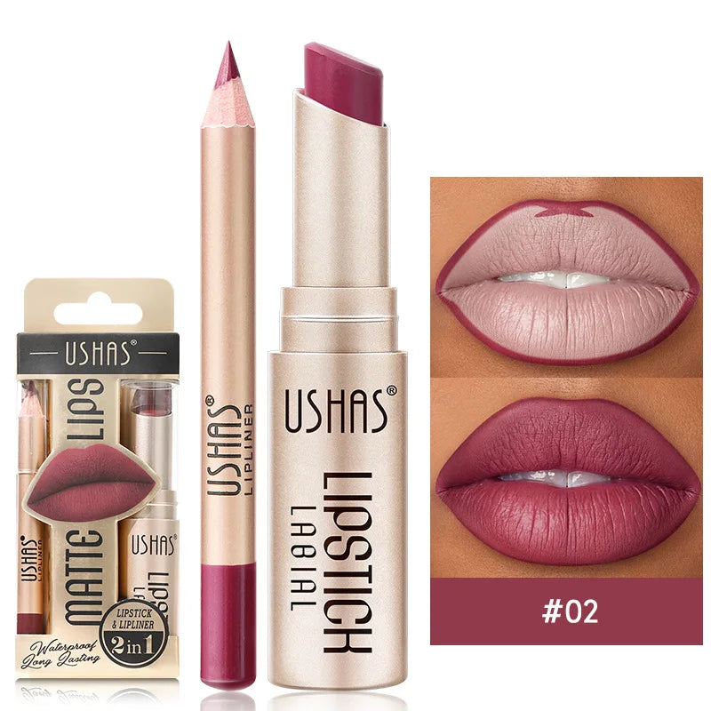 Set USHAS de Delineador de Labios de 12 Colores + Lápiz Labial