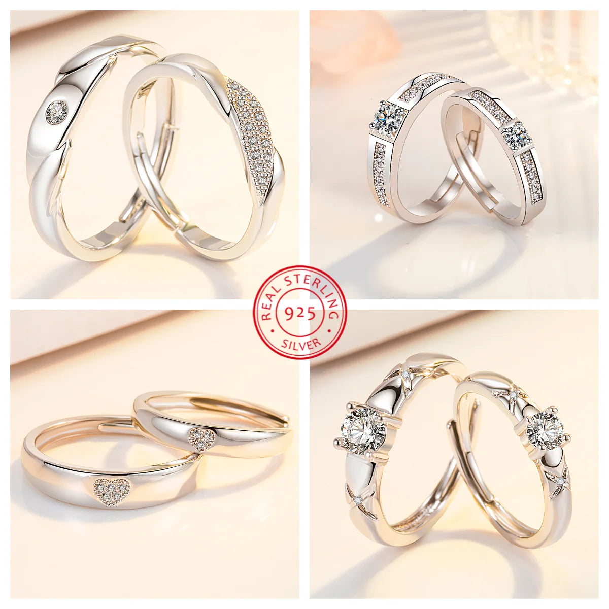 Anillos de Pareja con Diamantes y Moissanita en Plata de Ley 925