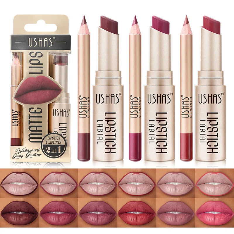 Set USHAS de Delineador de Labios de 12 Colores + Lápiz Labial