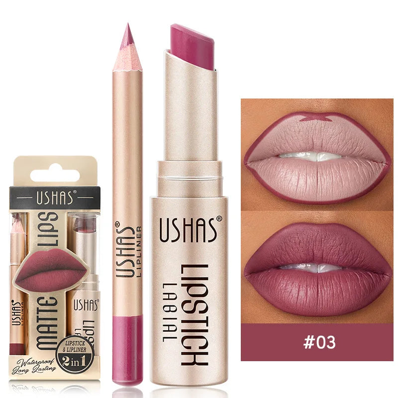 Set USHAS de Delineador de Labios de 12 Colores + Lápiz Labial